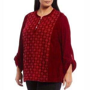 John Mark Plus Red Faux Velvet Embroidered Roll-Tab Sleeve Half Button Tunic Top